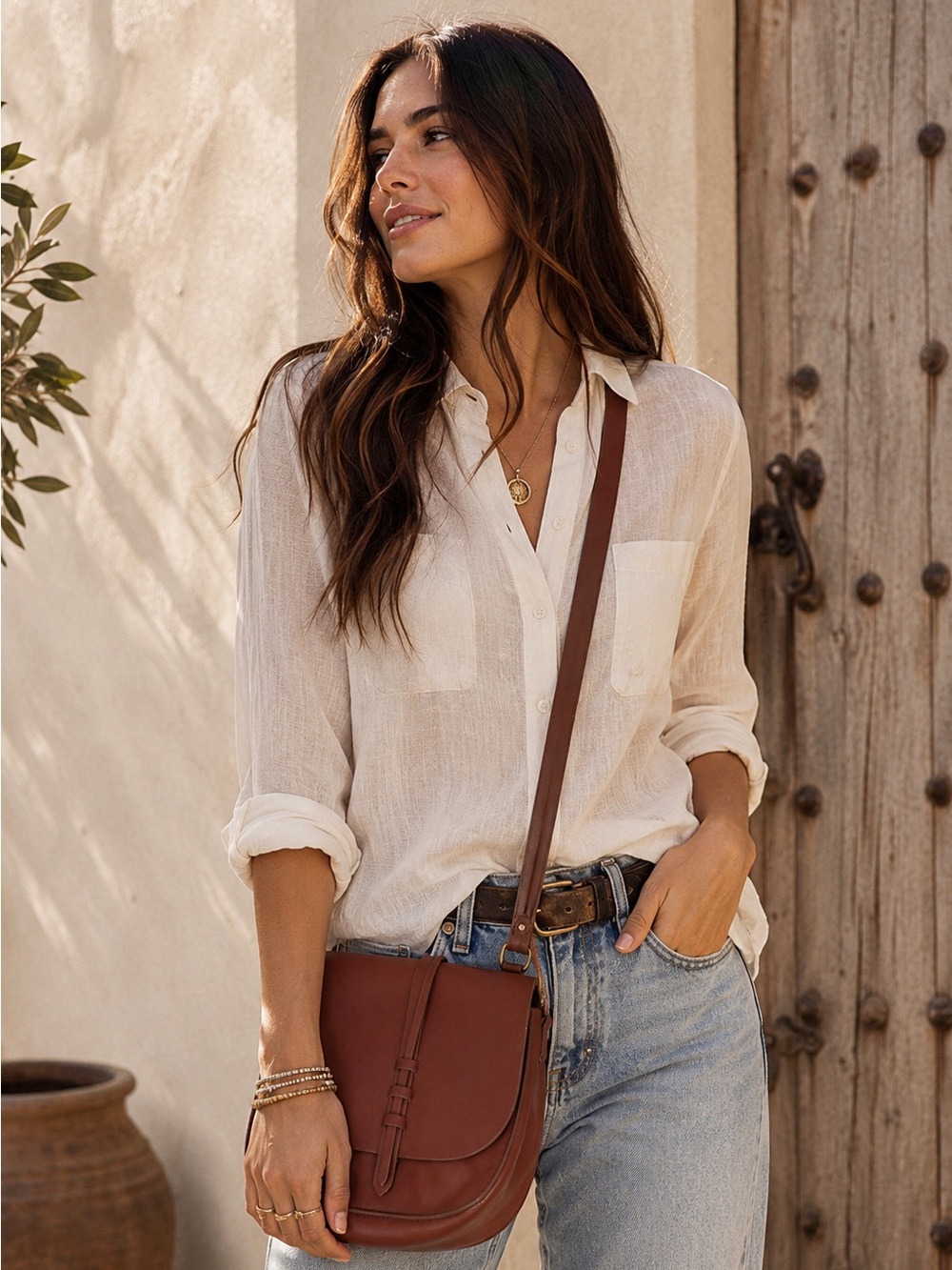 Lucky Brand Cognac Leather Saddle Crossbody Bag Western Boho